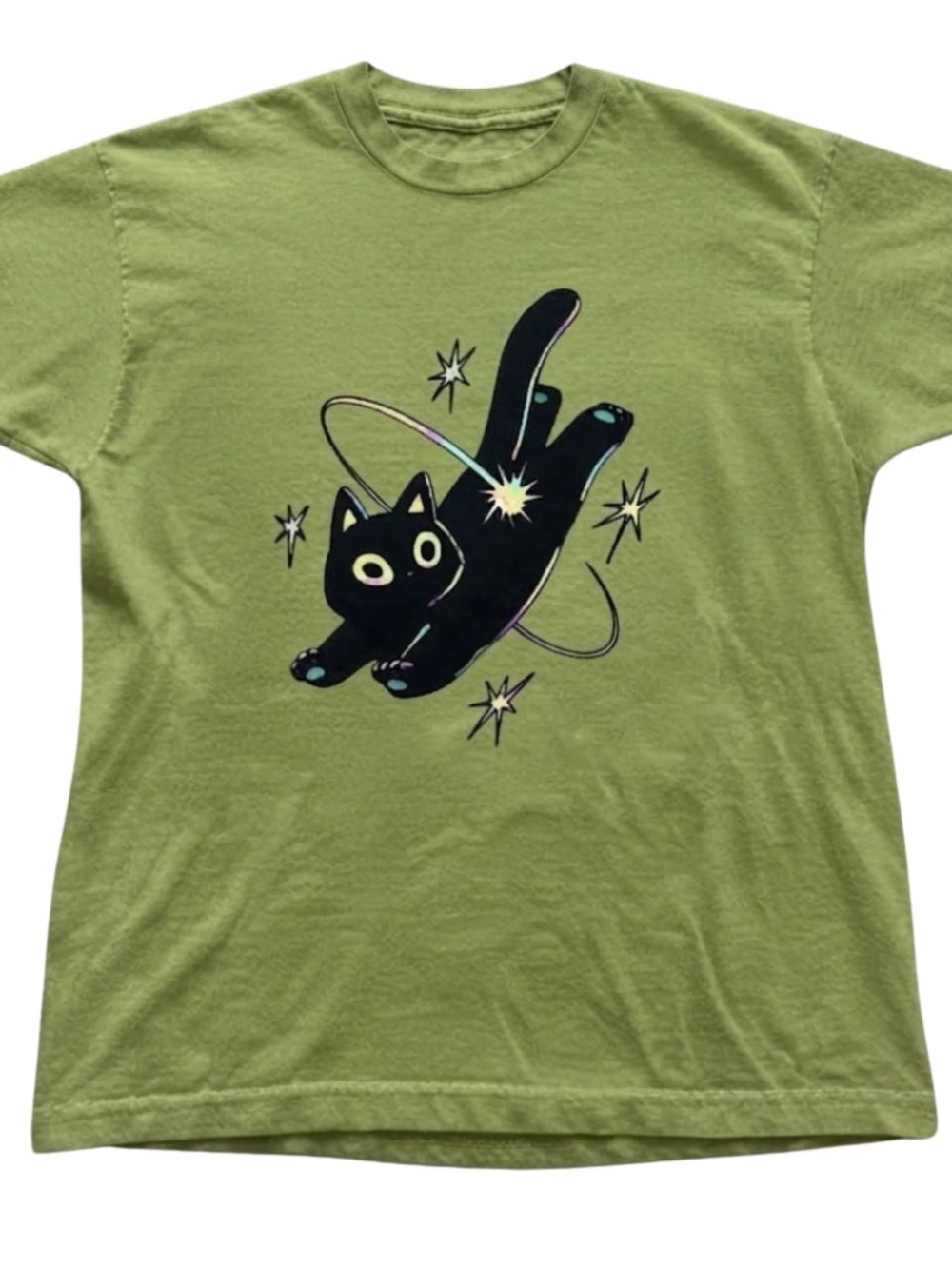 Gildan Green Tee with Black Space Cat Graphic
